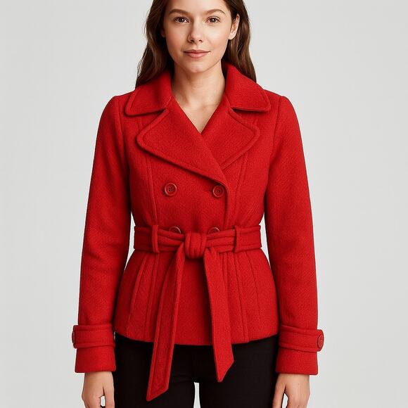 Forever 21 Red Belted Peacoat Jacket Women’s M (Fits S/M) Double Breasted - Picture 1 of 10